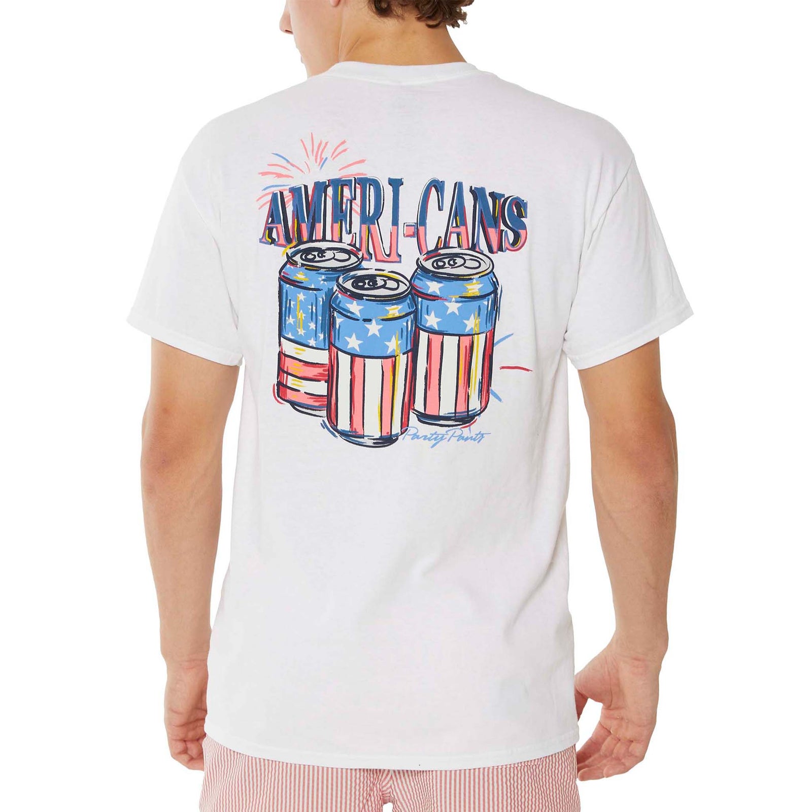 Party Pants Ameri-Cans Short Sleeve T-shirt, color white, sizes S-XXL, cotton, crewneck
A white short-sleeve t-shirt is shown from the back, featuring a graphic of three cans decorated with American flag designs. Above them, “AMERI-CANS” is printed in bold lettering, with fireworks in the background and “Party Pants” written below. The wearer is also in red-and-white striped shorts against a plain white backdrop. The front features the design on the front left chest.