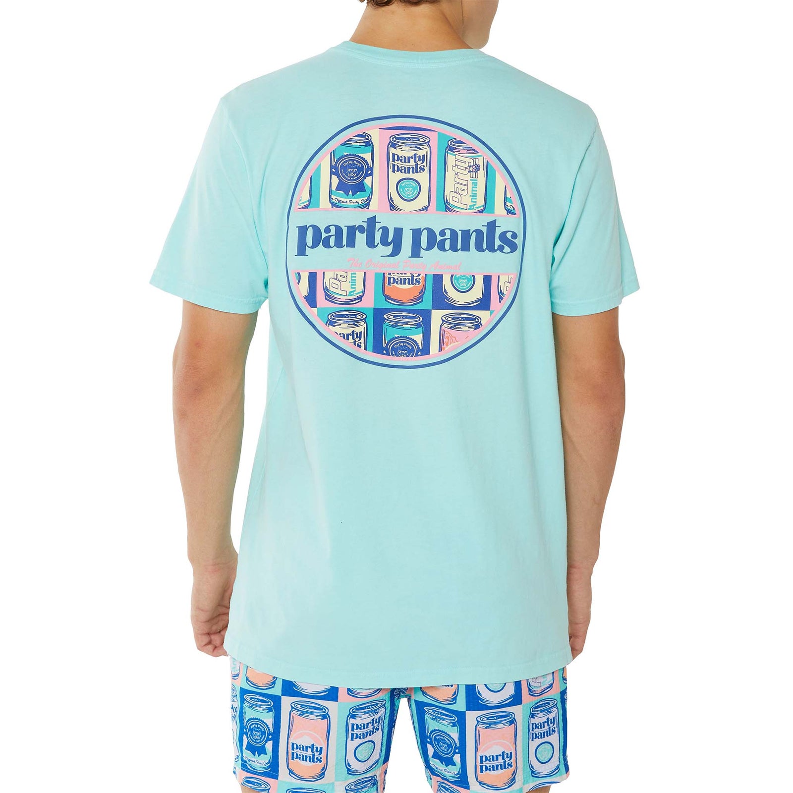 Party Pants Logo Puck Fill Short Sleeve TShirt, color chalky mint, sizes S-XXL, cotton, crewneck.
The back design features a circle filled with pastel color sketches of beer cans and the party pants logo stretching across horizontally.
