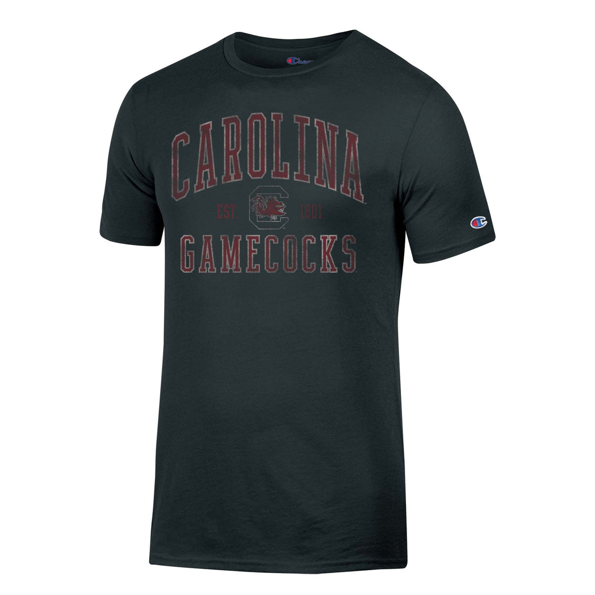 Black adult t-shirt with garnet 'CAROLINA' text at top, 'C' logo in center flanked by 'EST.' and '1801', and 'GAMECOCKS' text at bottom, with Champion logo on right sleeve