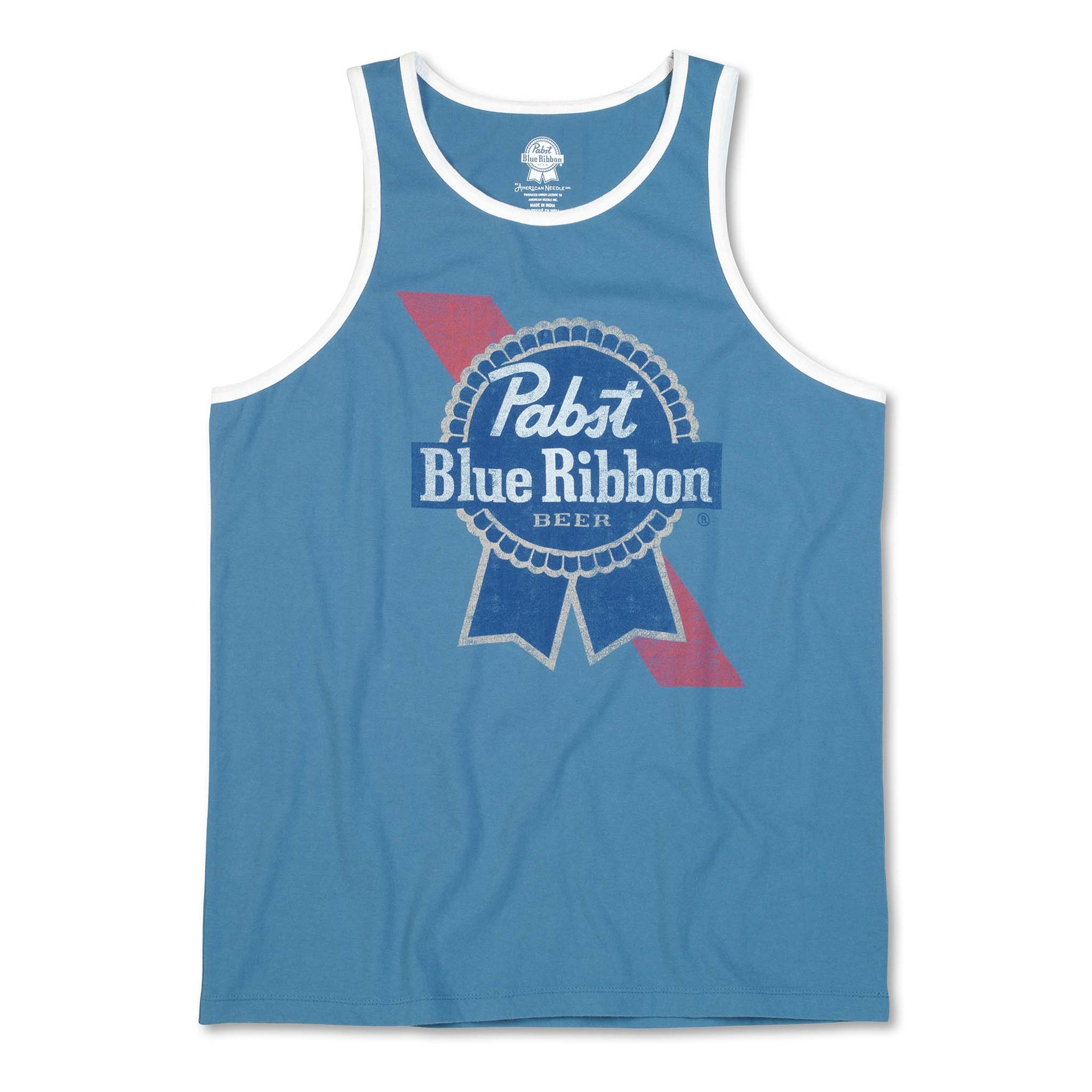 American Needle Men's tank top, sizes S-XXL. Royal blue tank with white trim featuring the classic Pabst Blue Ribbon beer logo in red, white, and blue.