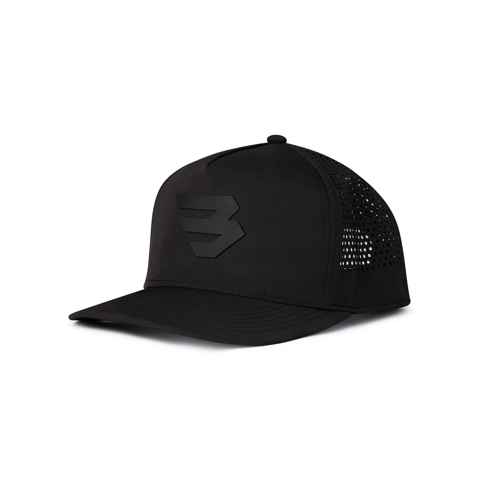 Angled front view of black performance cap with raised “B” logo and curved bill.