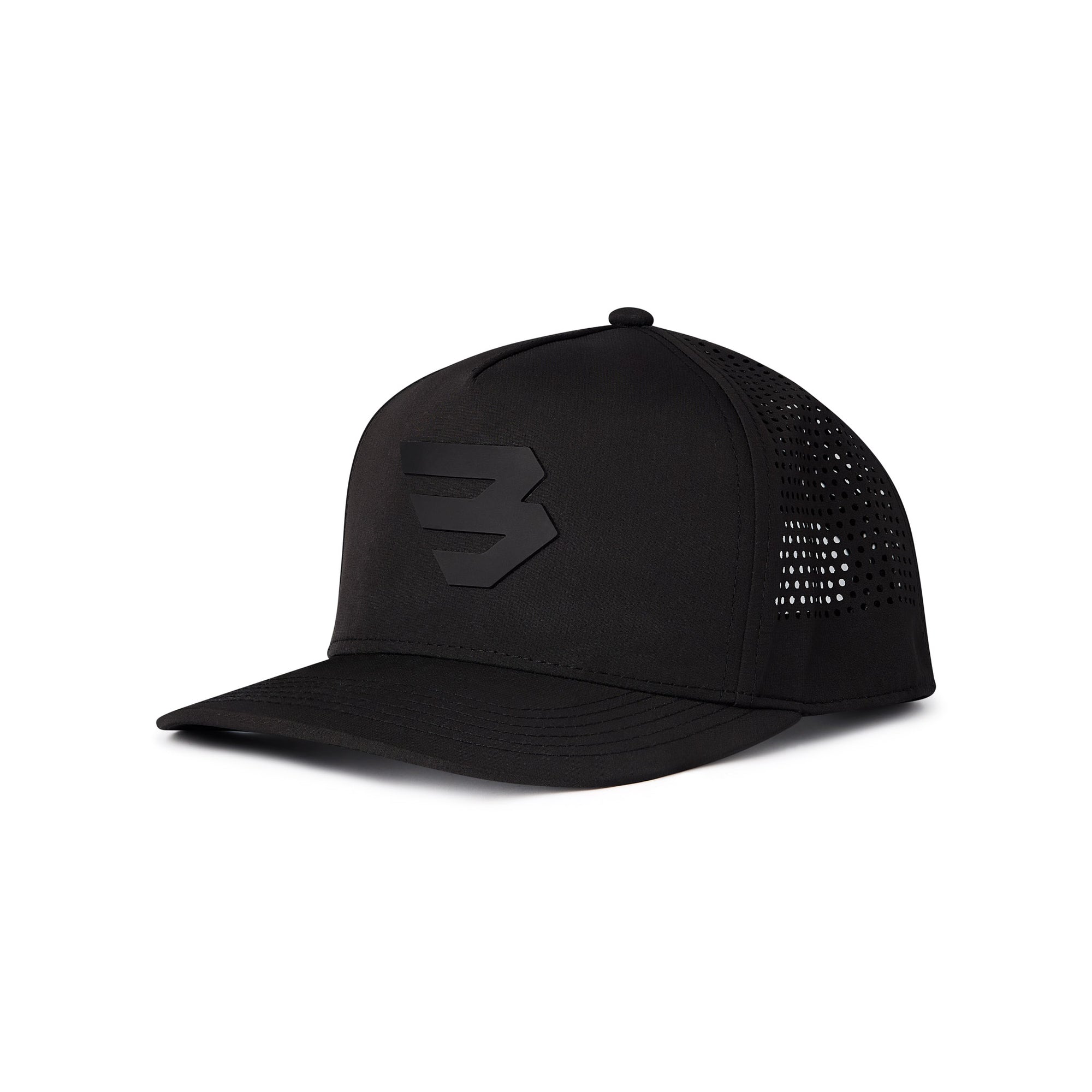 Angled front view of black performance cap with raised “B” logo and curved bill.