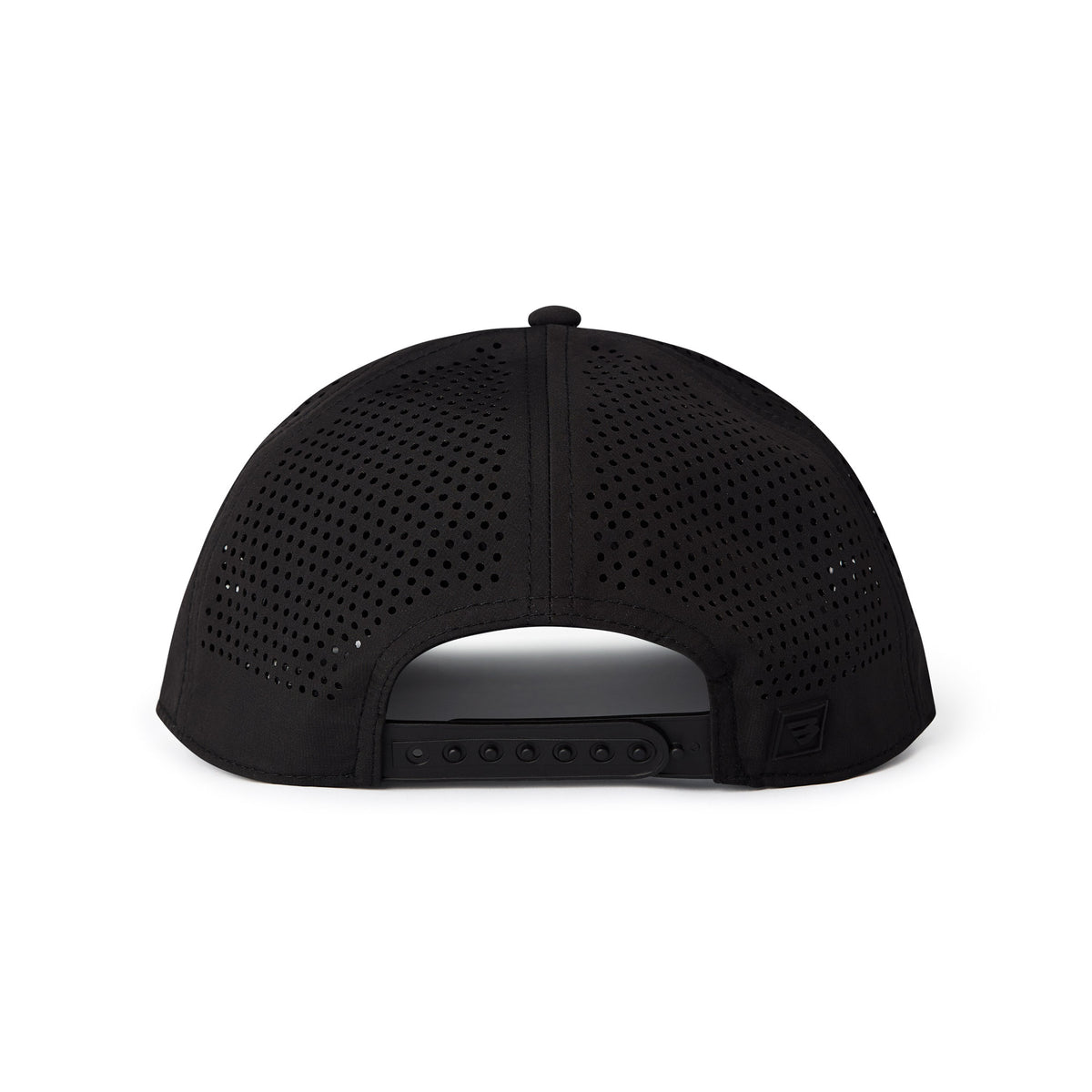Back view of black performance cap featuring adjustable snapback closure and perforated panels.