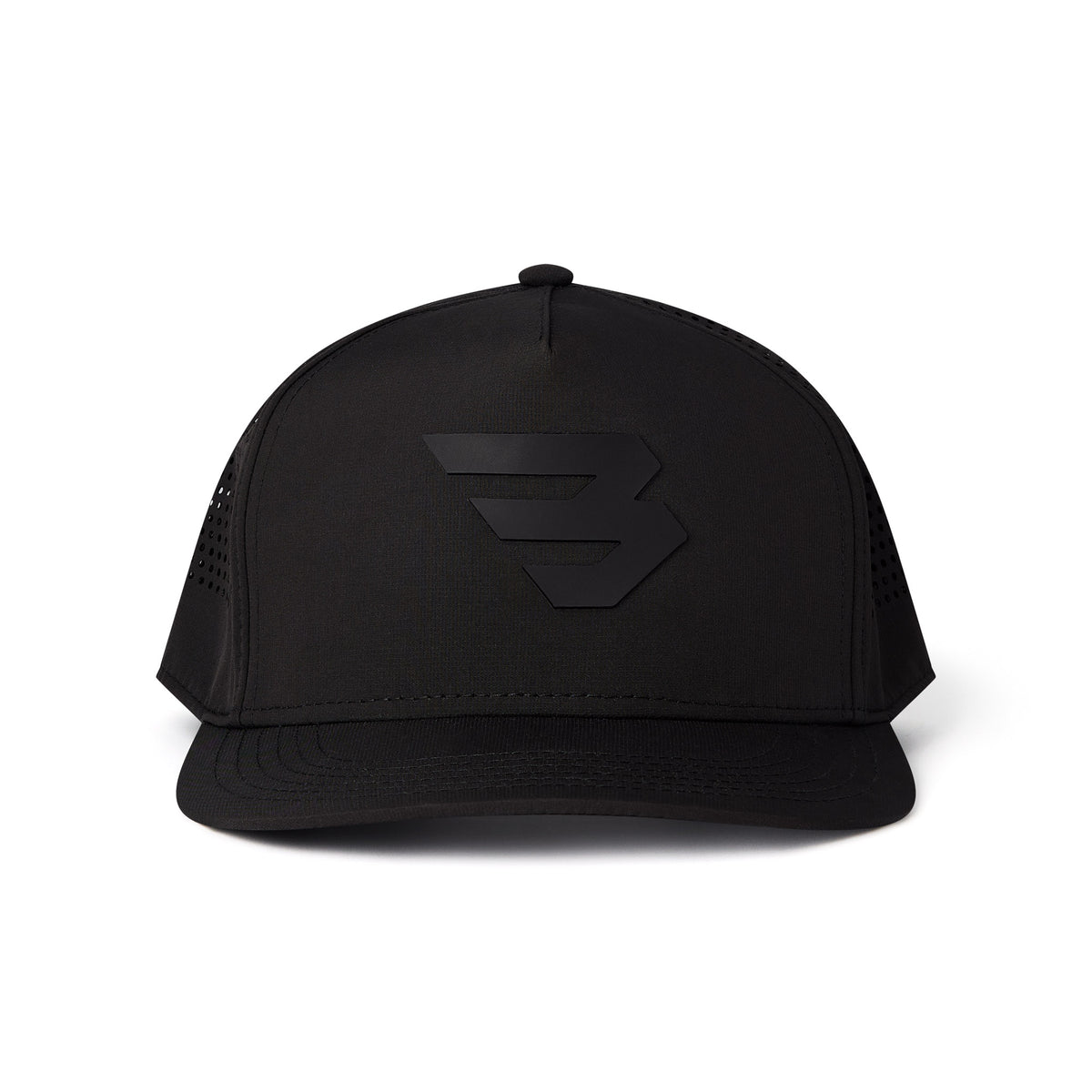 Black performance cap with structured front panel, curved brim, and raised “B” logo on front.