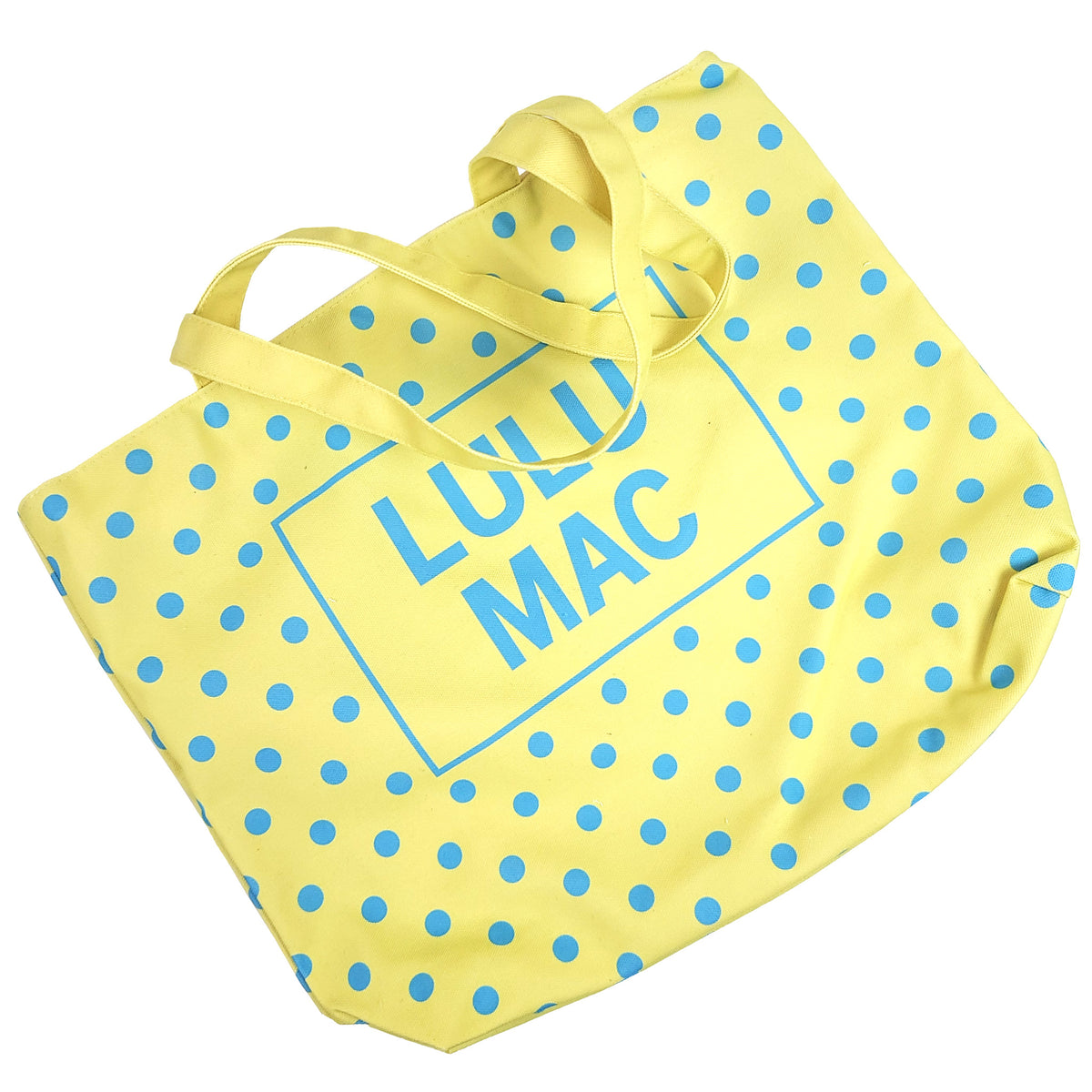 Yellow/Blue | Bright yellow canvas tote bag with turquoise blue polka dot pattern and 'LULU MAC' branding on a white background