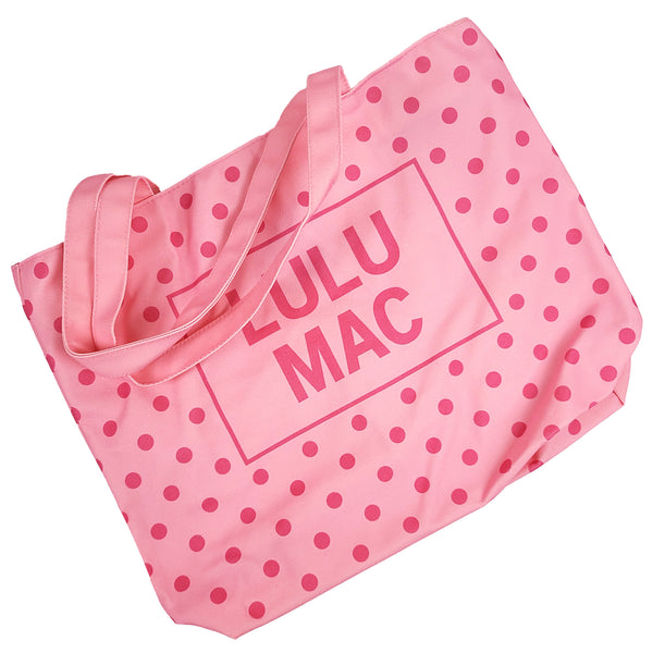  Light Pink canvas tote bag with hot pink polka dot pattern and 'LULU MAC' branding on a white background