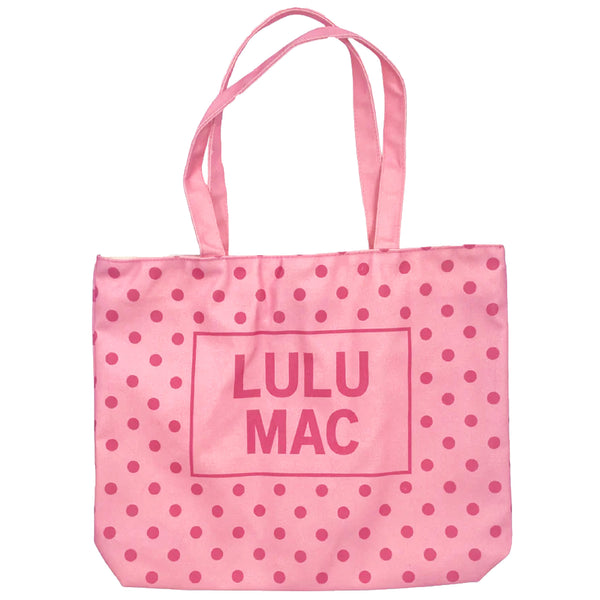  Light Pink canvas tote bag with hot pink polka dot pattern and 'LULU MAC' branding on a white background