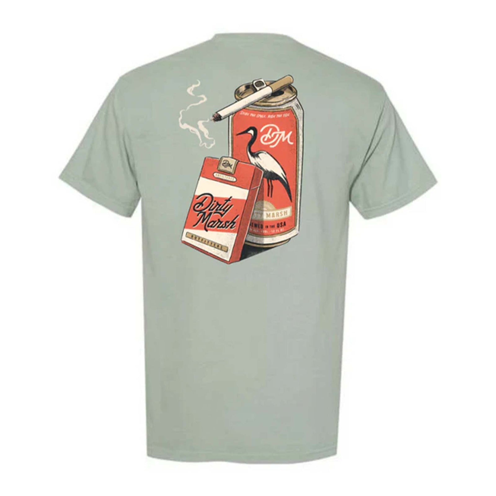 Dirty Marsh Outfitters Per Diem Short Sleeve T-Shirt, sizes S-XXL, 100% cotton. Back view of sage green t-shirt with vintage-style cigarette pack, beer can, and lighter; “Dirty Marsh” branding on both.