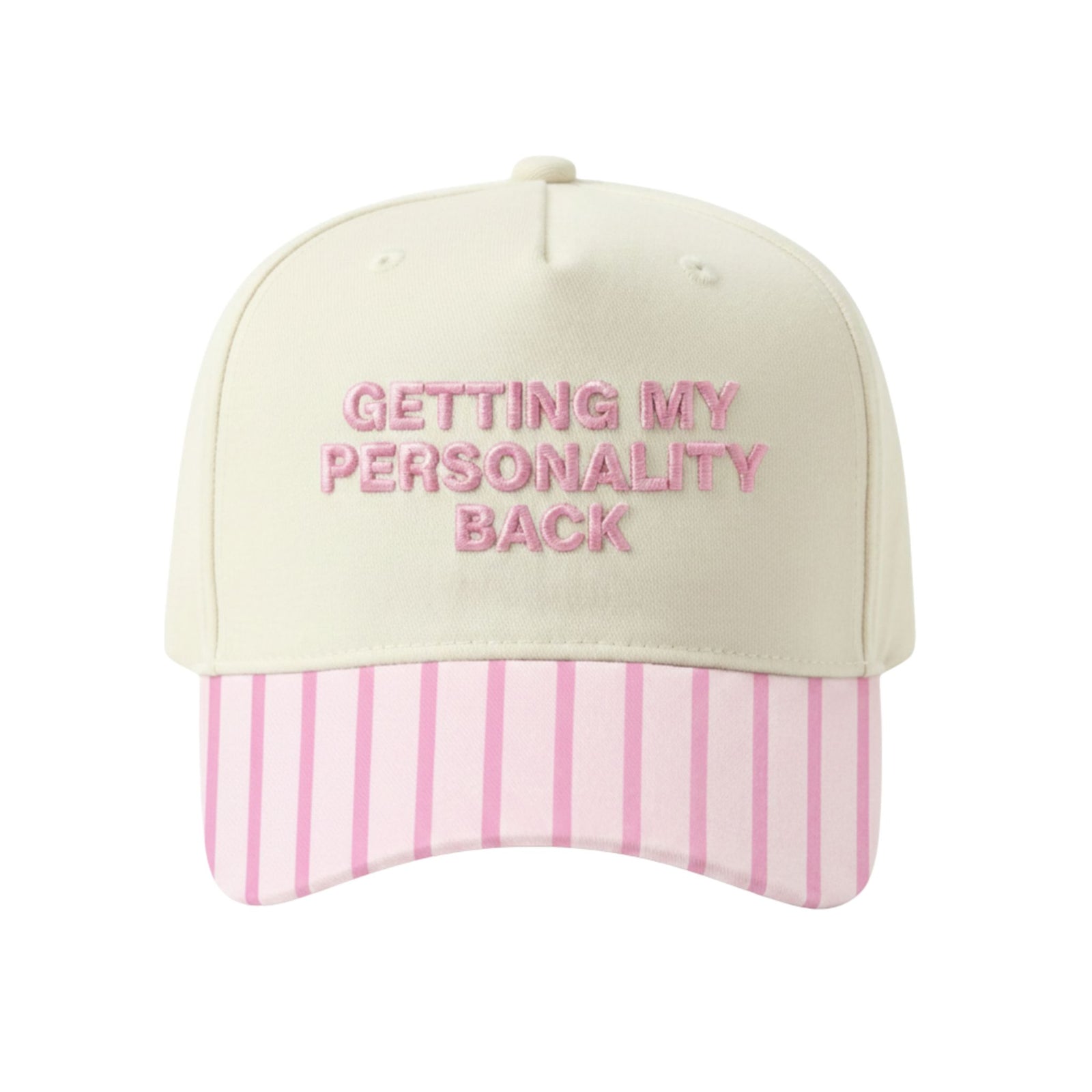 Cream baseball cap with pink embroidered “Getting My Personality Back” text and pink striped brim.