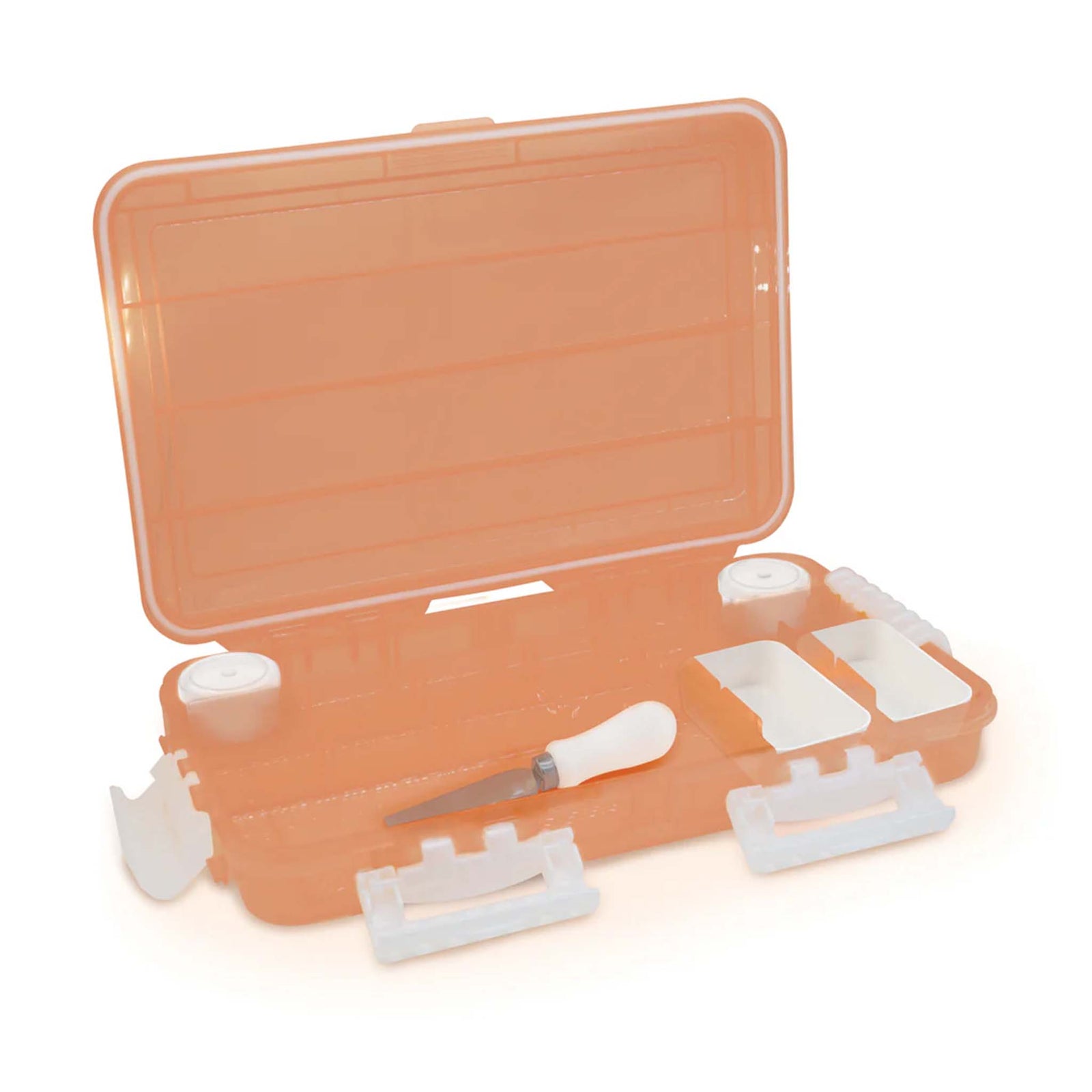 SubSafe Peach Fizz Charcuterie Safe in peach. Open container displays interior layout with compartments, two white trays, condiment containers, and a white-handled cheese knife.