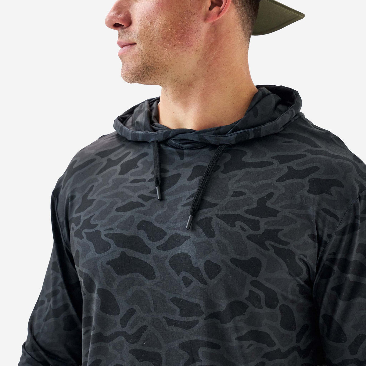 Person wearing a dark camouflage hoodie on a plain background