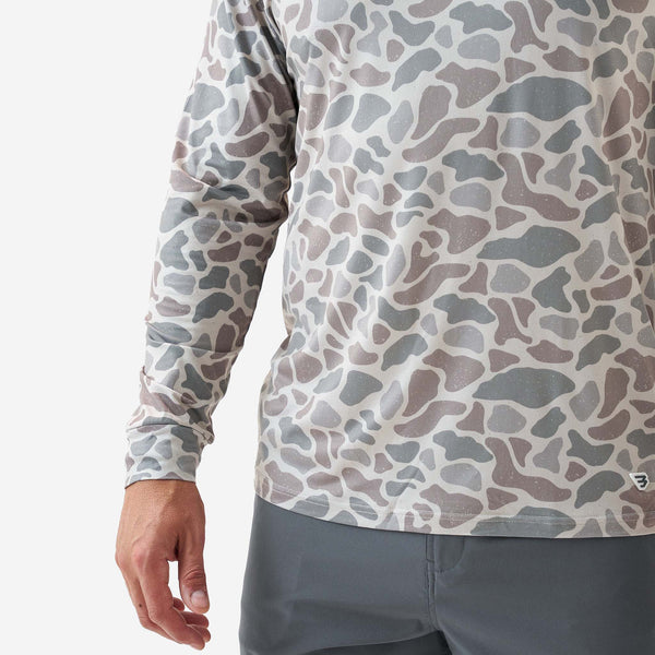 Long-sleeve shirt with a camouflage pattern on a white background