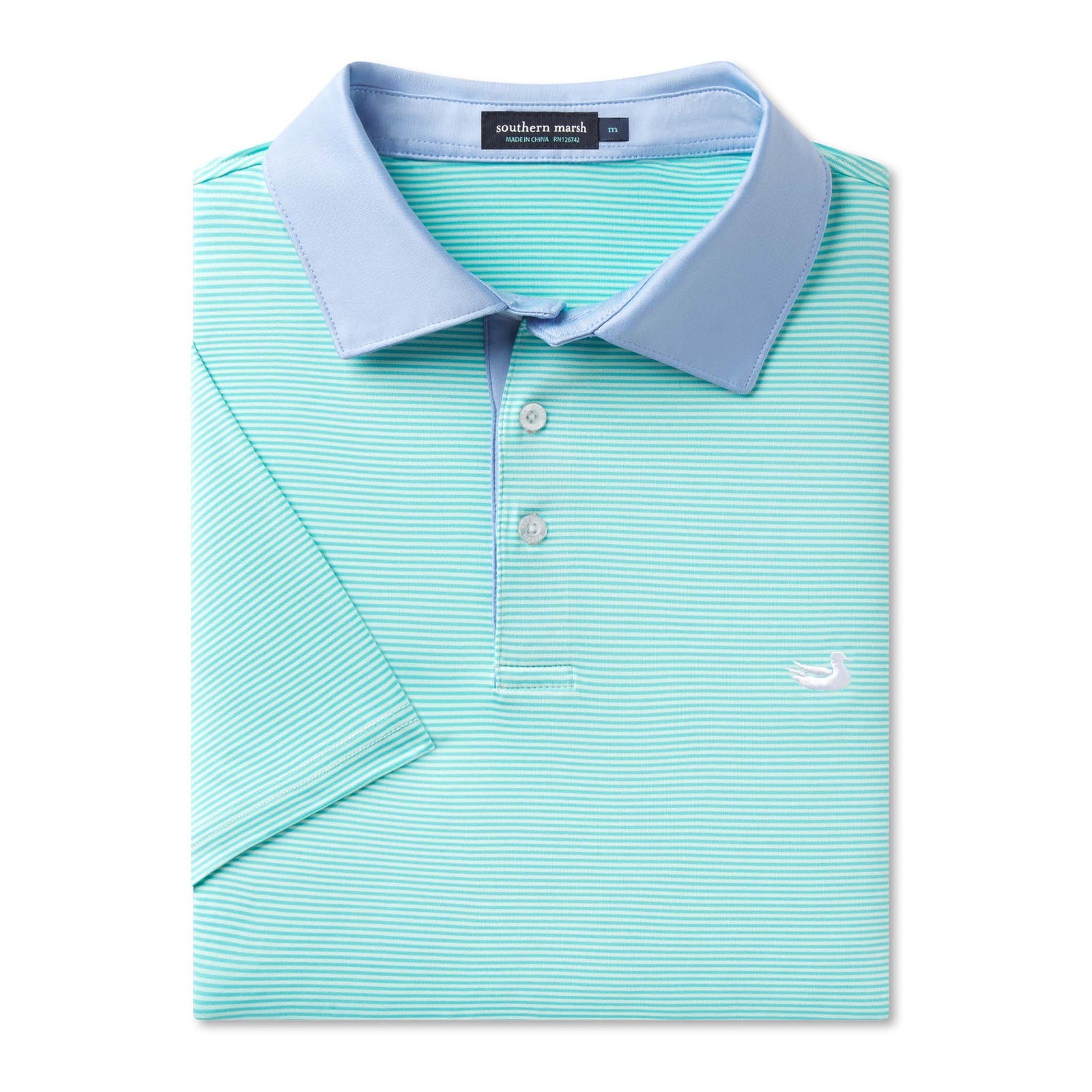Southern Marsh Bermuda Hampton Stripe Performance Polo with heather denim collar and small mint stripes.