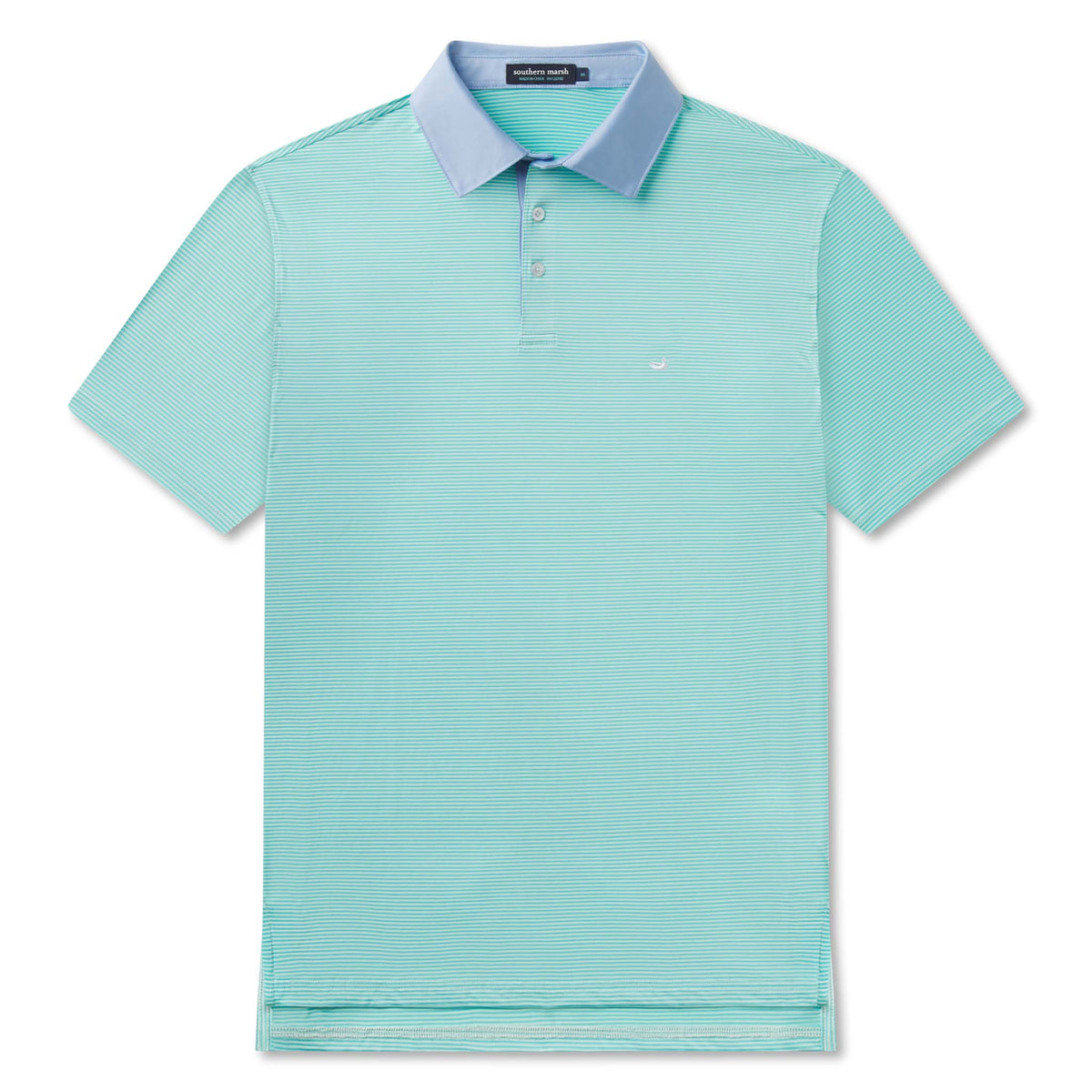 Southern Marsh Bermuda Hampton Stripe Performance Polo with heather denim collar and small mint stripes.