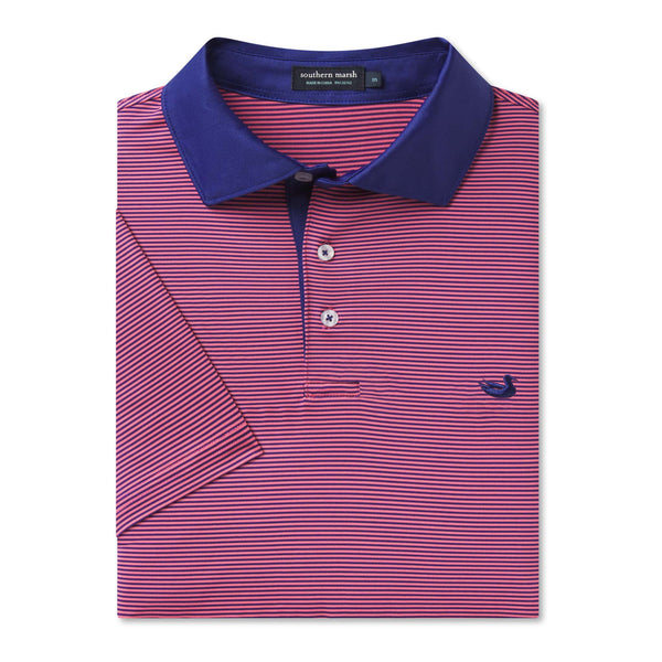 Folded Southern Marsh Bermuda Hampton Stripe Performance Polo with navy and strawberry pink stripes.