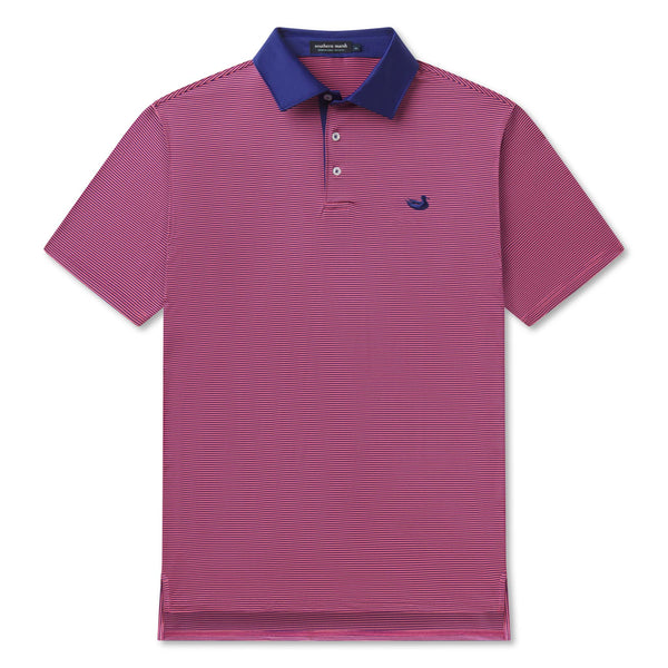 Flat lay of Southern Marsh Bermuda Hampton Stripe Performance Polo with navy and strawberry pink stripes.