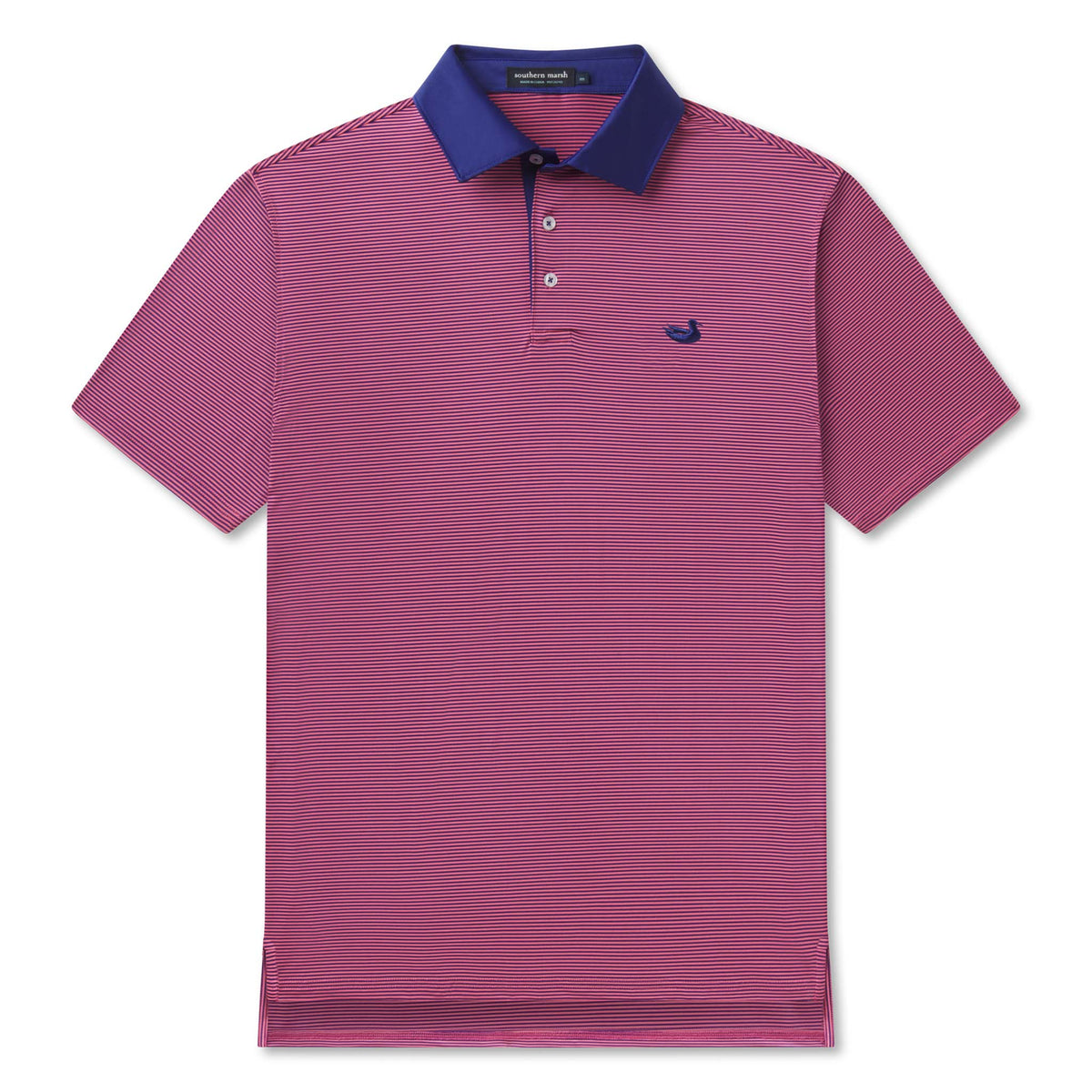 Flat lay of Southern Marsh Bermuda Hampton Stripe Performance Polo with navy and strawberry pink stripes.