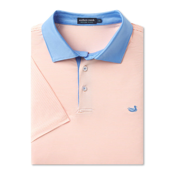 Folded Southern Marsh Bermuda Hampton Stripe Performance Polo with denim blue collar and light peach and white horizontal stripes.