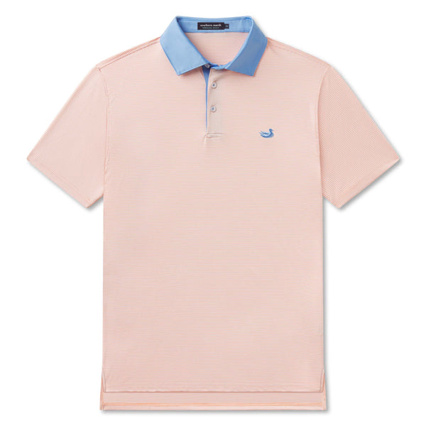 Flat lay of Southern Marsh Bermuda Hampton Stripe Performance Polo with denim blue collar and light peach & white horizontal stripes.