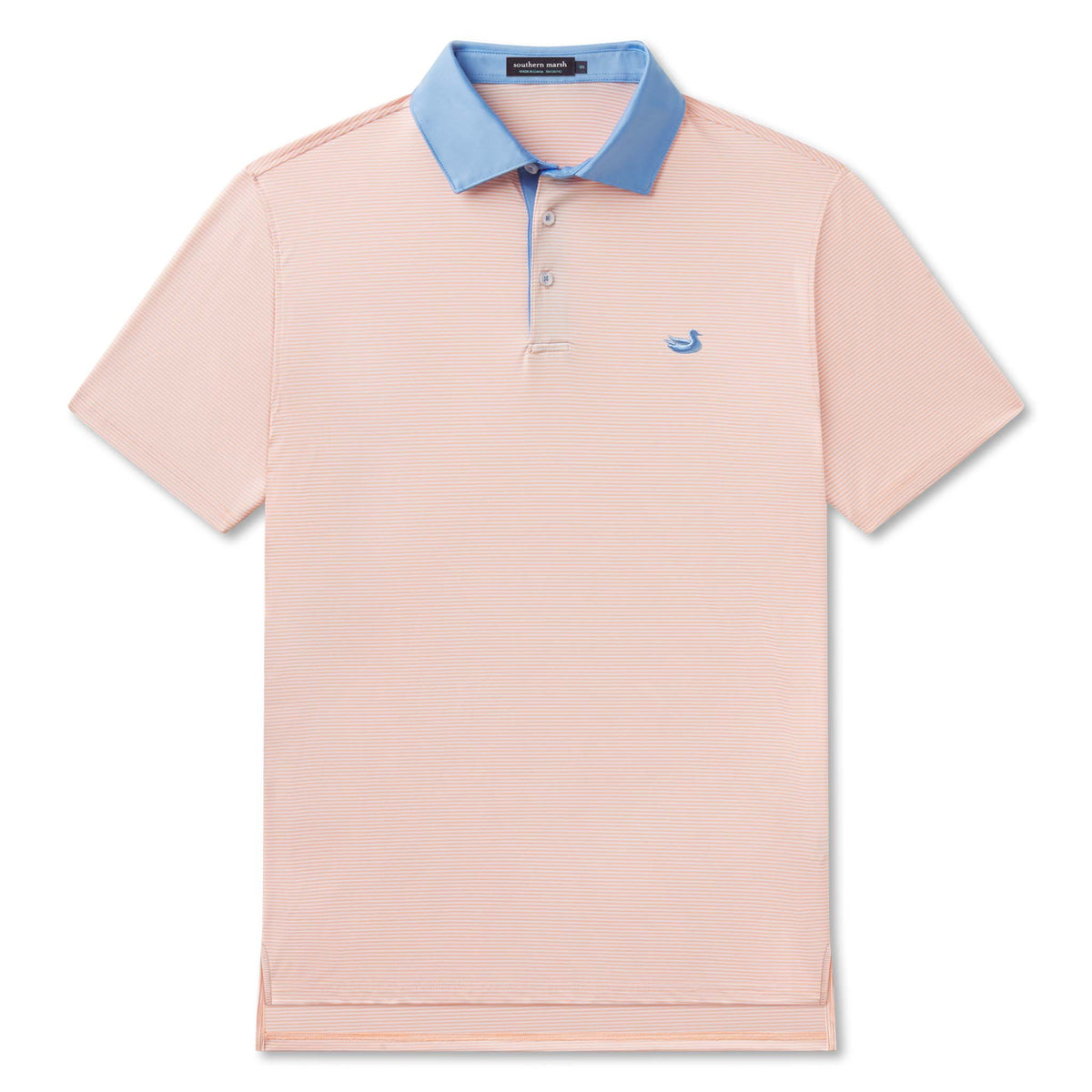 Flat lay of Southern Marsh Bermuda Hampton Stripe Performance Polo with denim blue collar and light peach & white horizontal stripes.