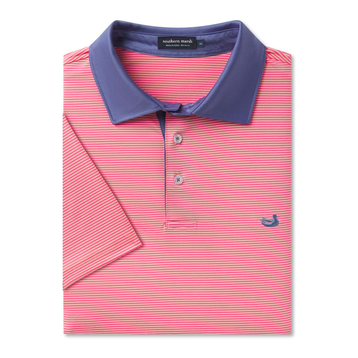 Folded Southern Marsh Bermuda Hampton Stripe Performance Polo with navy collar and light peach and strawberry pink horizontal stripes.