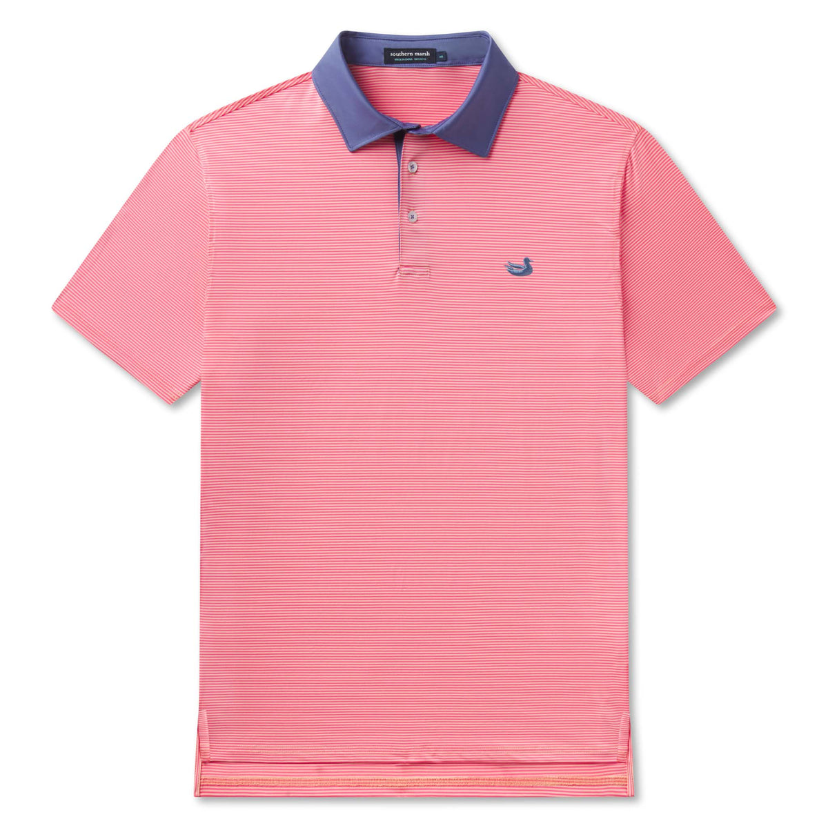 Flat lay of Southern Marsh Bermuda Hampton Stripe Performance Polo with navy collar and light peach and strawberry pink horizontal stripes.