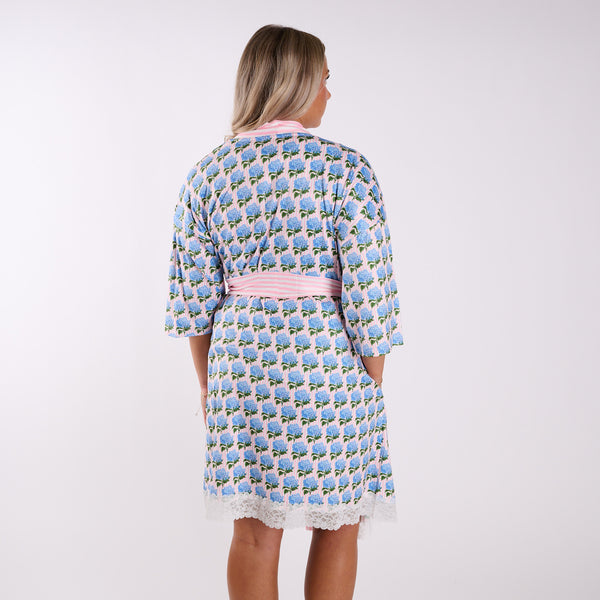 Pink hydrangea print robe back view showing relaxed fit, mid-length silhouette, and lace hem.