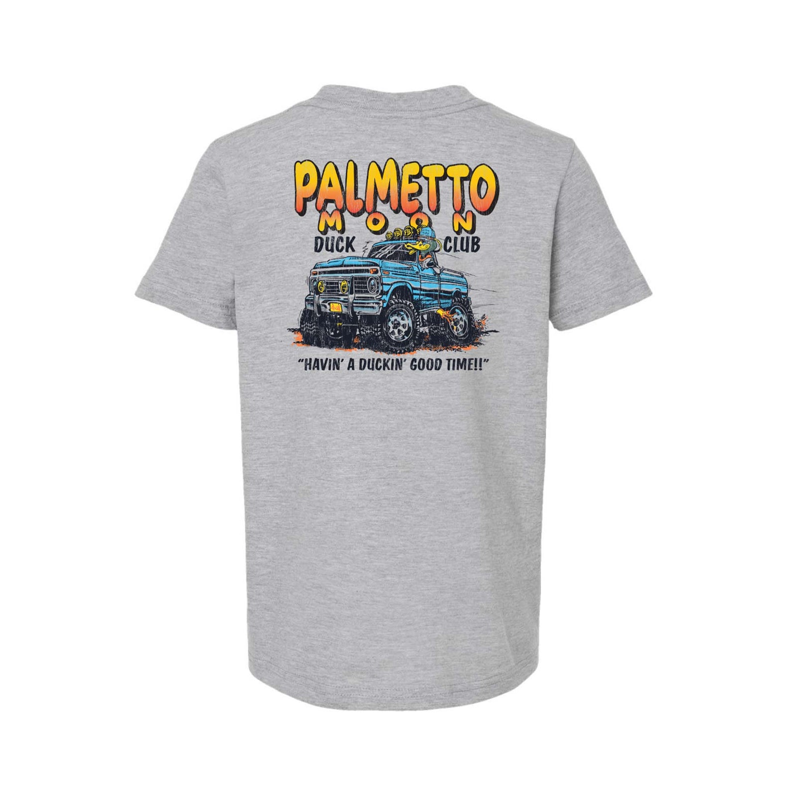 Back of heather grey Palmetto Moon youth t-shirt with colorful Duck Club truck graphic and “Havin’ a Duckin’ Good Time!!” text.