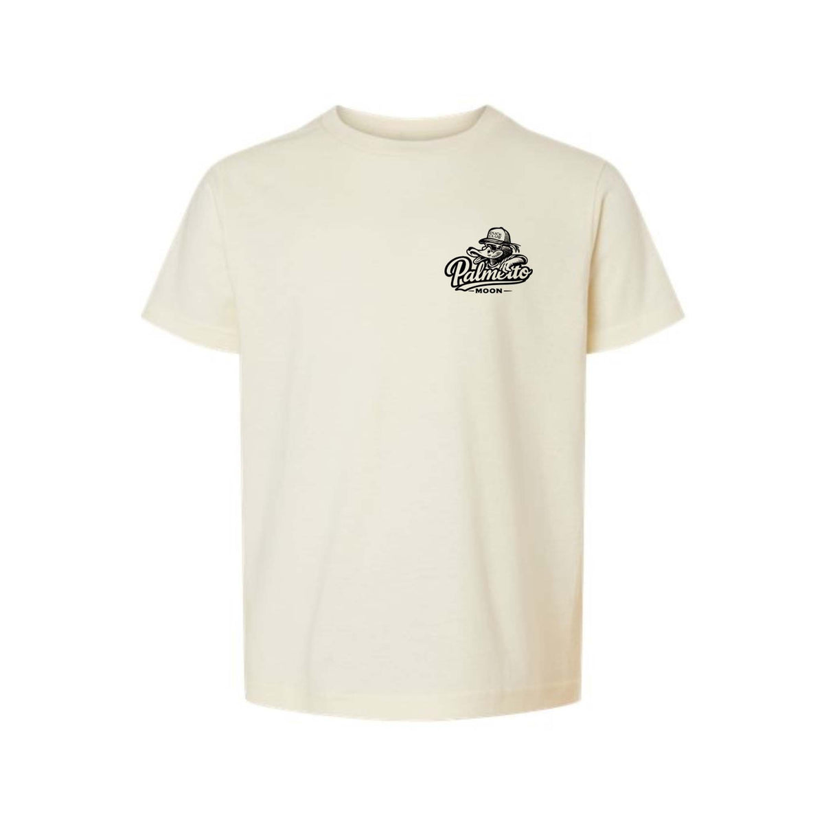 Child wearing natural Palmetto Moon Duck Club t-shirt outdoors near a pond showing the back graphic.