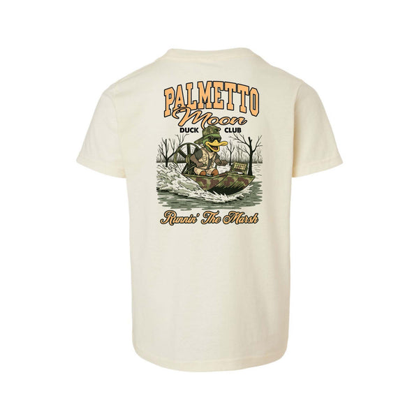 Back of natural Palmetto Moon youth t-shirt with Duck Club graphic featuring a duck driving a marsh boat and “Runnin’ The Marsh” text.