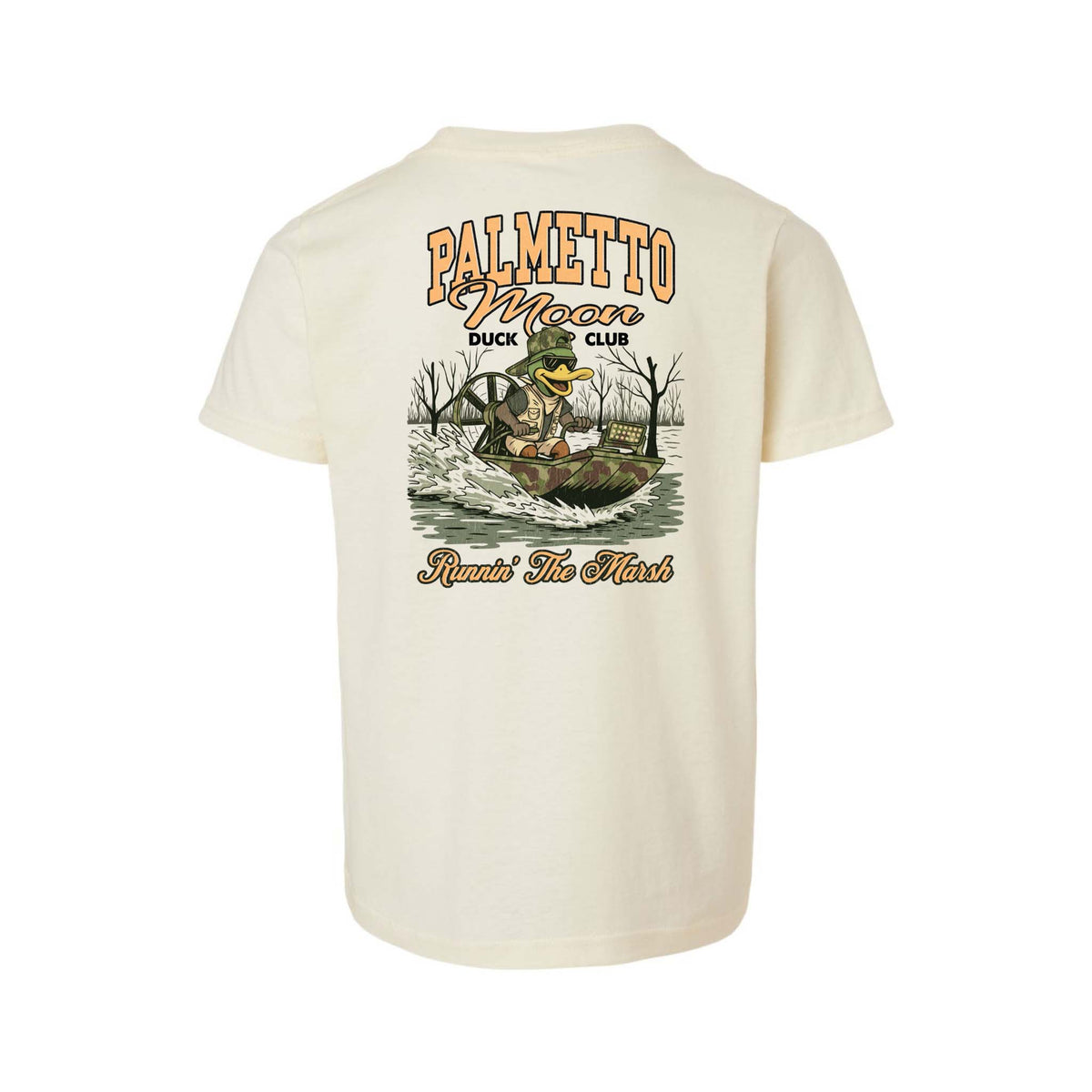 Back of natural Palmetto Moon youth t-shirt with Duck Club graphic featuring a duck driving a marsh boat and “Runnin’ The Marsh” text.