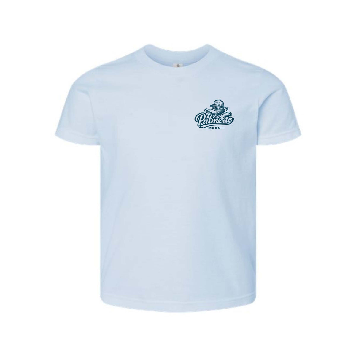 Baby blue Palmetto Moon youth t-shirt with small duck mascot logo printed on the front chest.