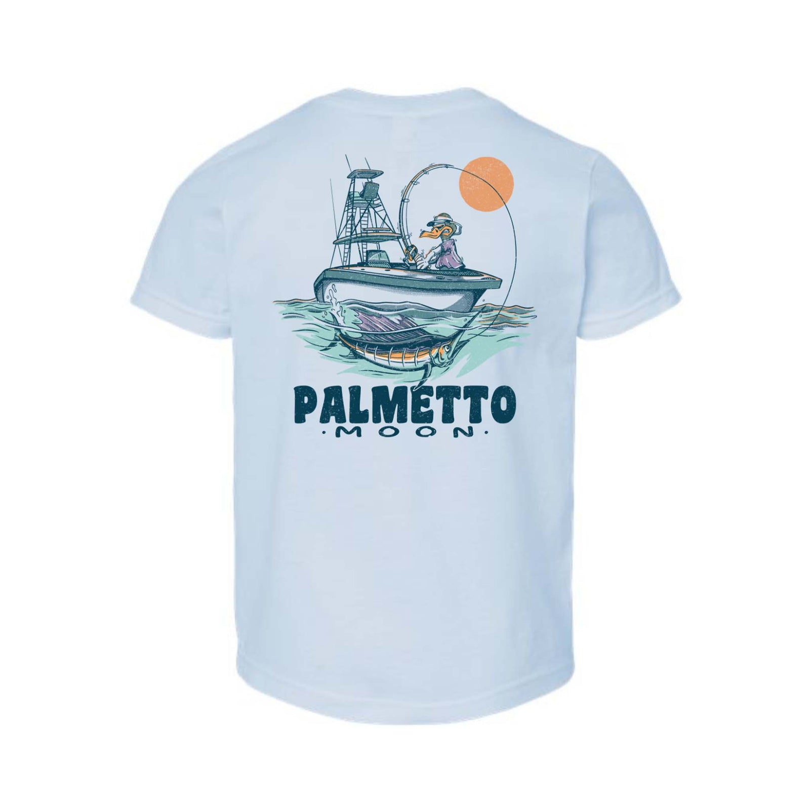 Back of baby blue Palmetto Moon youth t-shirt featuring a fishing boat graphic with duck character and large fish above the Palmetto Moon text.