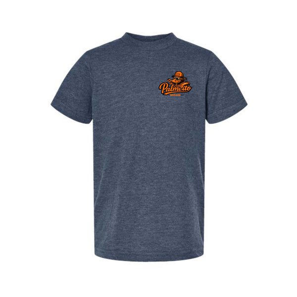 Heather denim Palmetto Moon youth t-shirt with small orange duck mascot logo printed on the front chest.