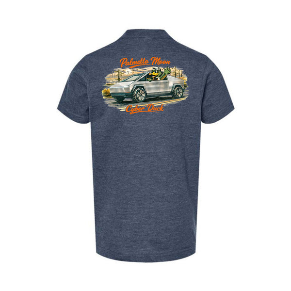 Back of heather denim Palmetto Moon youth t-shirt featuring a duck character driving a silver futuristic truck with “Palmetto Moon Cyber Duck” graphic.