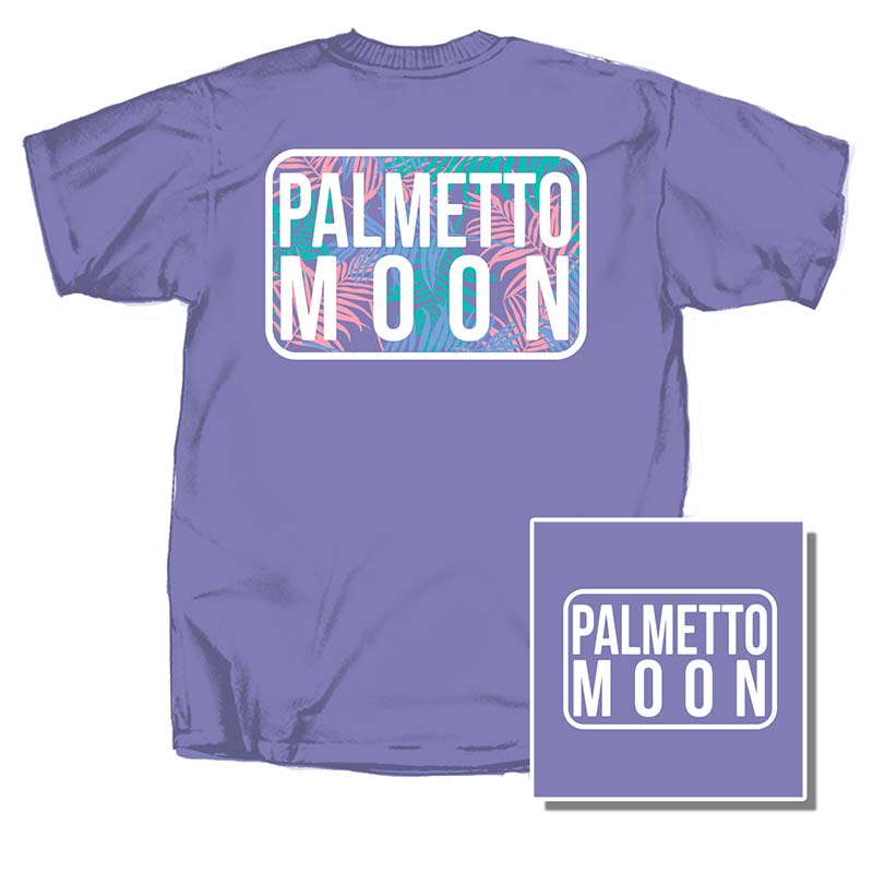 Palmetto Moon Palmetto Light Short Sleeve T-Shirt, color violet, sizes S-XXXL, 100% cotton, unisex sizing.  The back design is a rectangle with curved edges outlined in white with palm frans in shades of pink, teal, and blue with Palmetto Moon typed in capital bold font in the middle.  The front of the shirt has a white outlined rectangle with Palmetto Moon in white, capital font inside on the left chest. 
