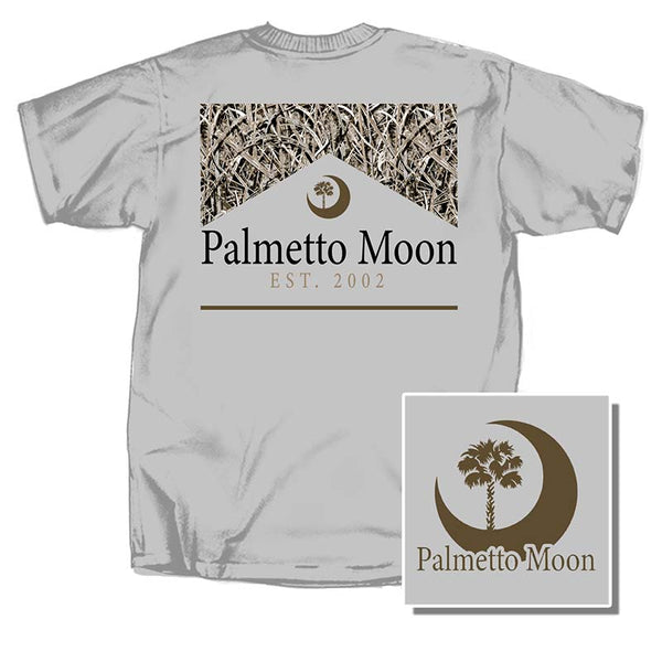  A short sleeve beige t-shirt with a camouflage pattern on the front and the brand 'Palmetto Moon' displayed at the top.