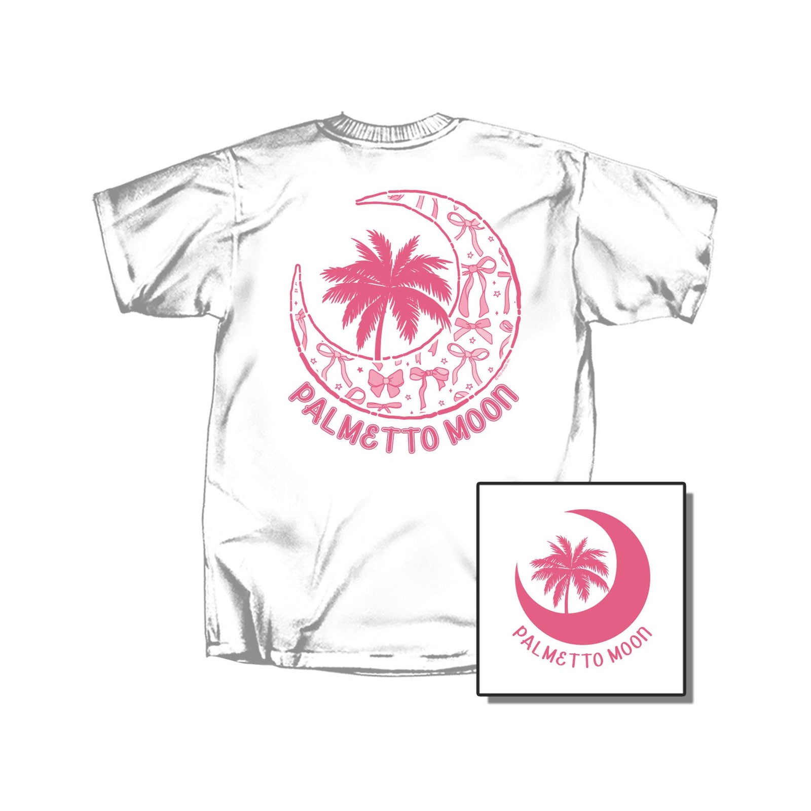 White t-shirt with pink 'Palmetto Moon' logo on a white background