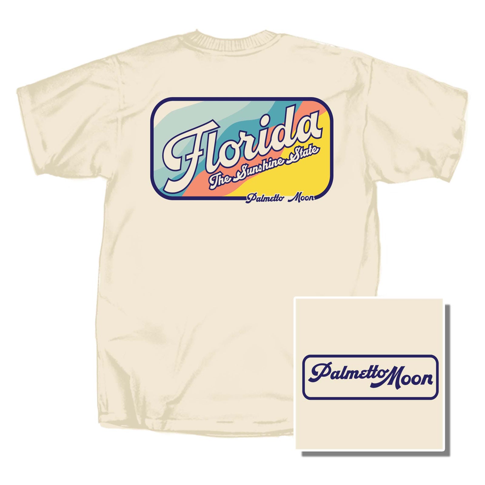Back of natural t-shirt with Florida text in multicolor retro stripes. “The Sunshine State” and “Palmetto Moon” printed below in dark navy font.