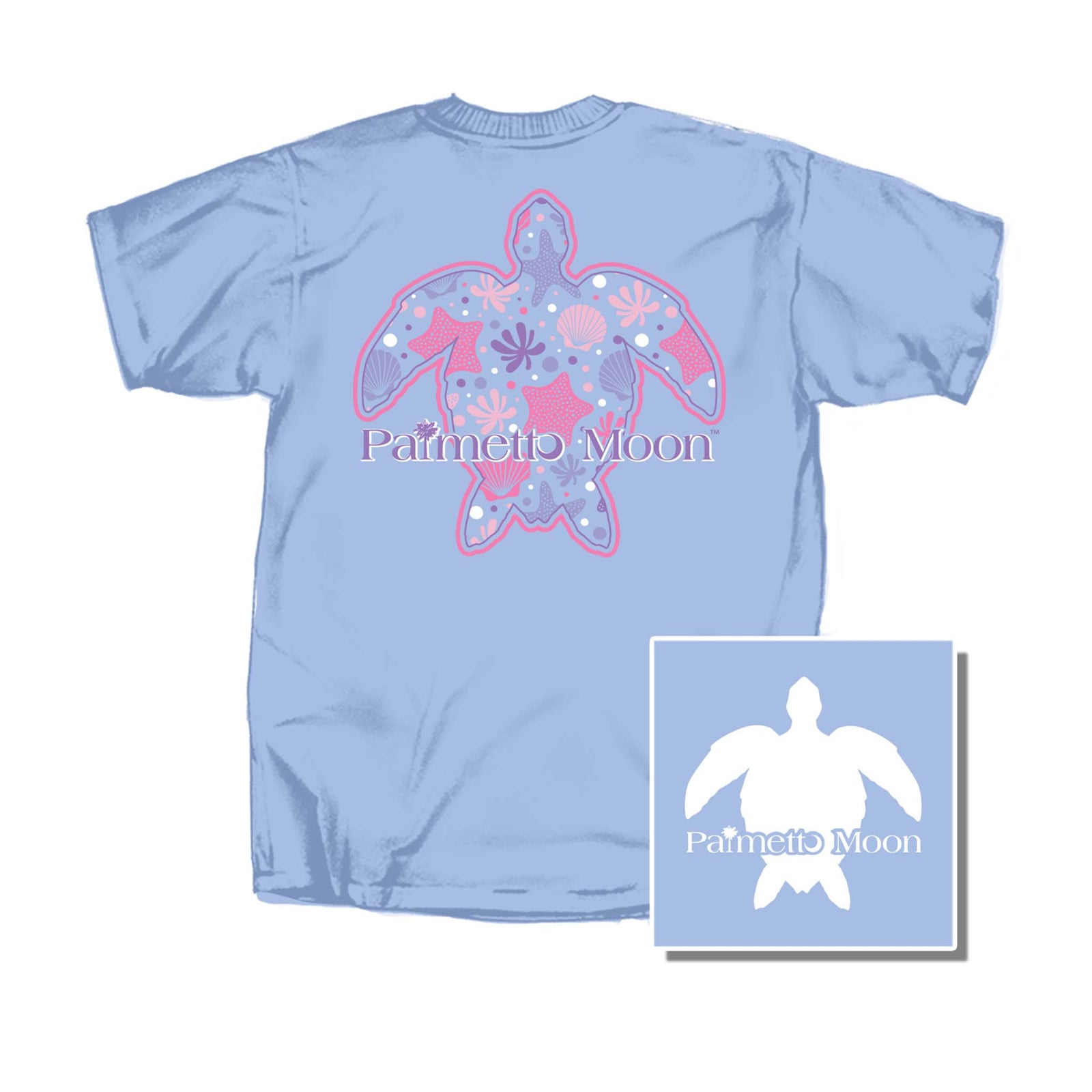 Palmetto Moon Youth Short Sleeve T-shirt in Light Blue. Back features a large sea turtle graphic filled with pink and purple ocean elements like starfish and shells. Palmetto Moon logo across the turtle. Youth sizes XS-XL
