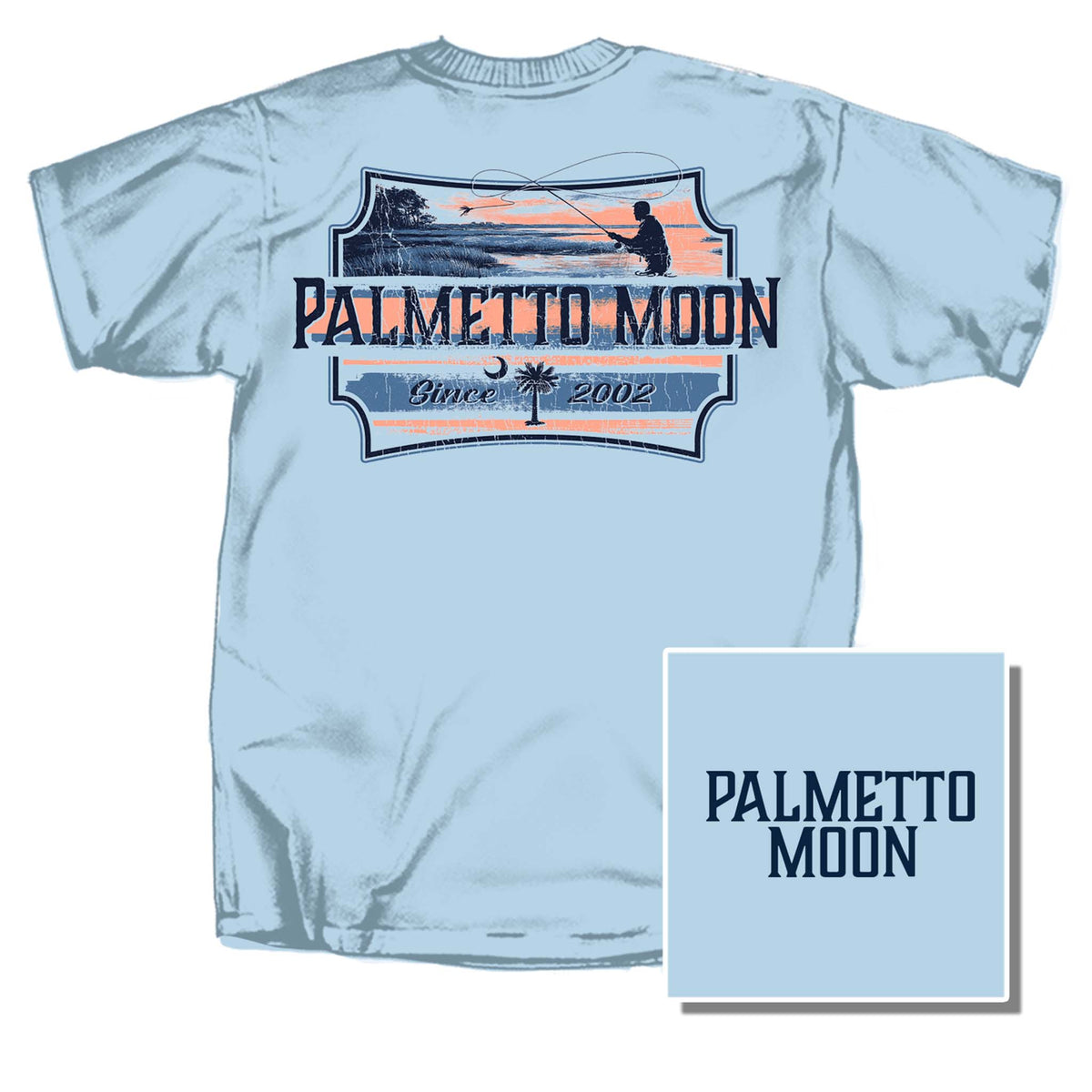 Light blue Palmetto Moon t-shirt with coastal fishing scene and “Since 2002” banner on back, small front chest logo in navy.