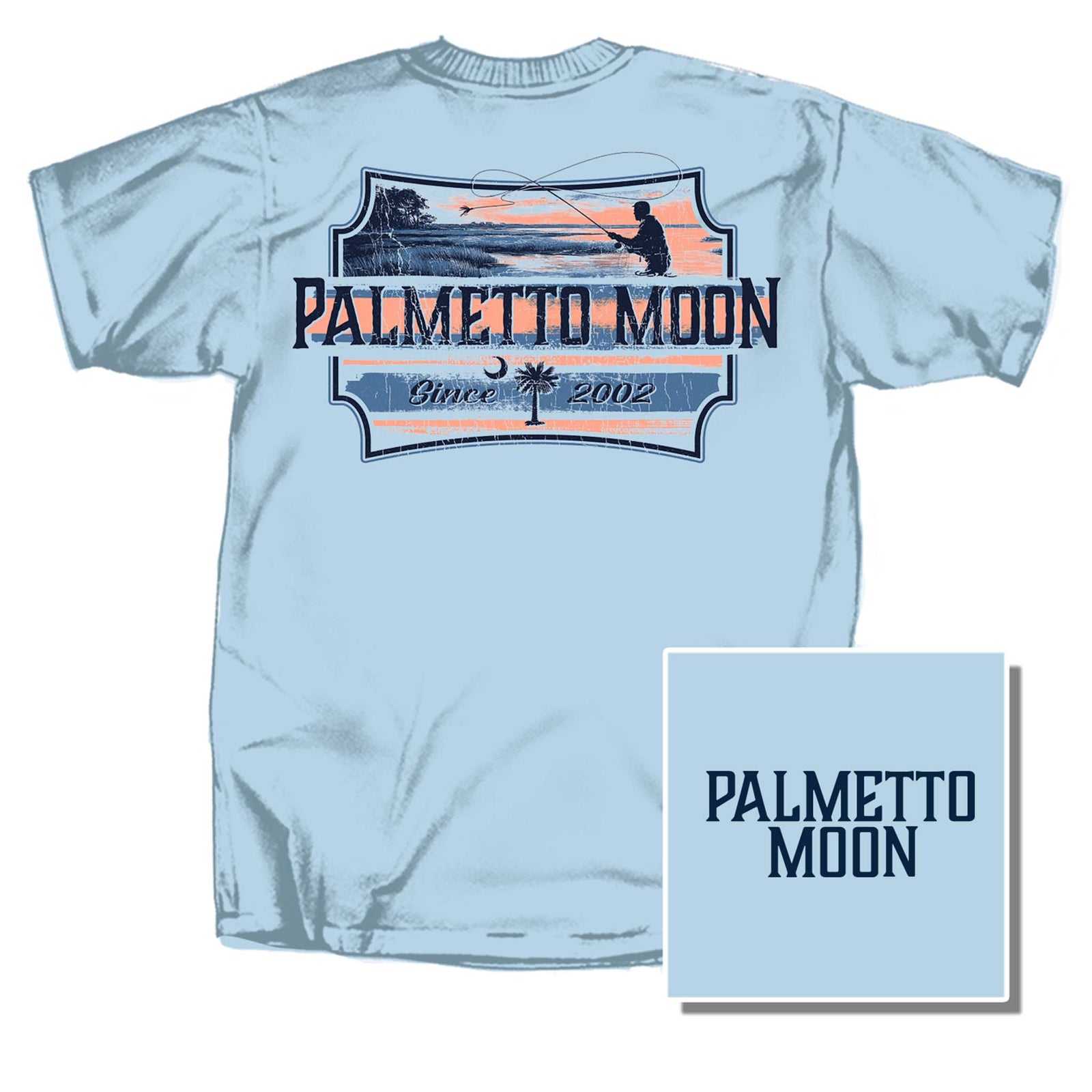 Light blue Palmetto Moon t-shirt with coastal fishing scene and “Since 2002” banner on back, small front chest logo in navy.