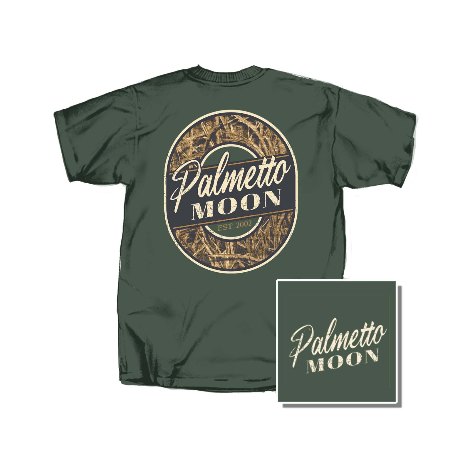 Green t-shirt with 'Palmetto Moon' logo on a white background