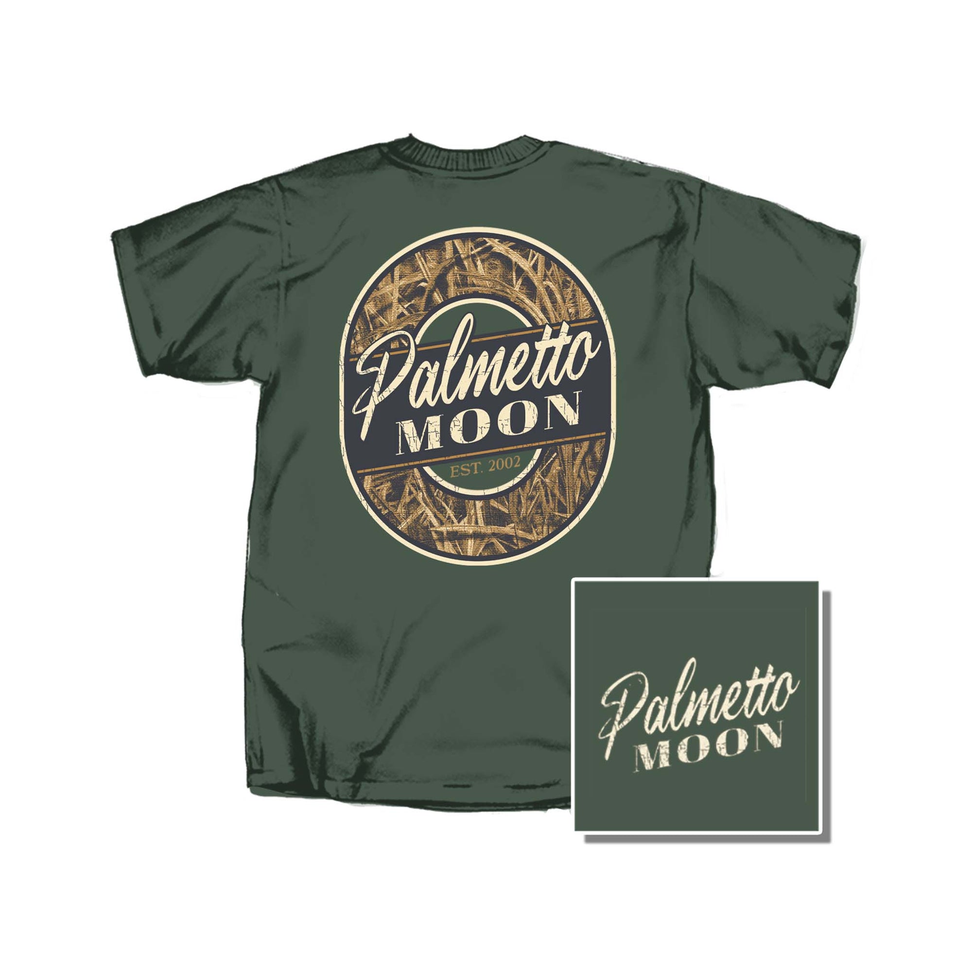 Green t-shirt with 'Palmetto Moon' logo on a white background