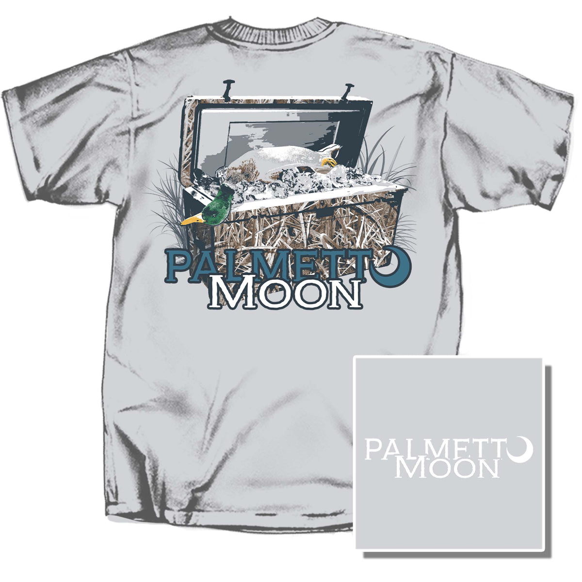 Gray t-shirt with 'Palmetto Moon' logo and duck hunting graphic on a white background