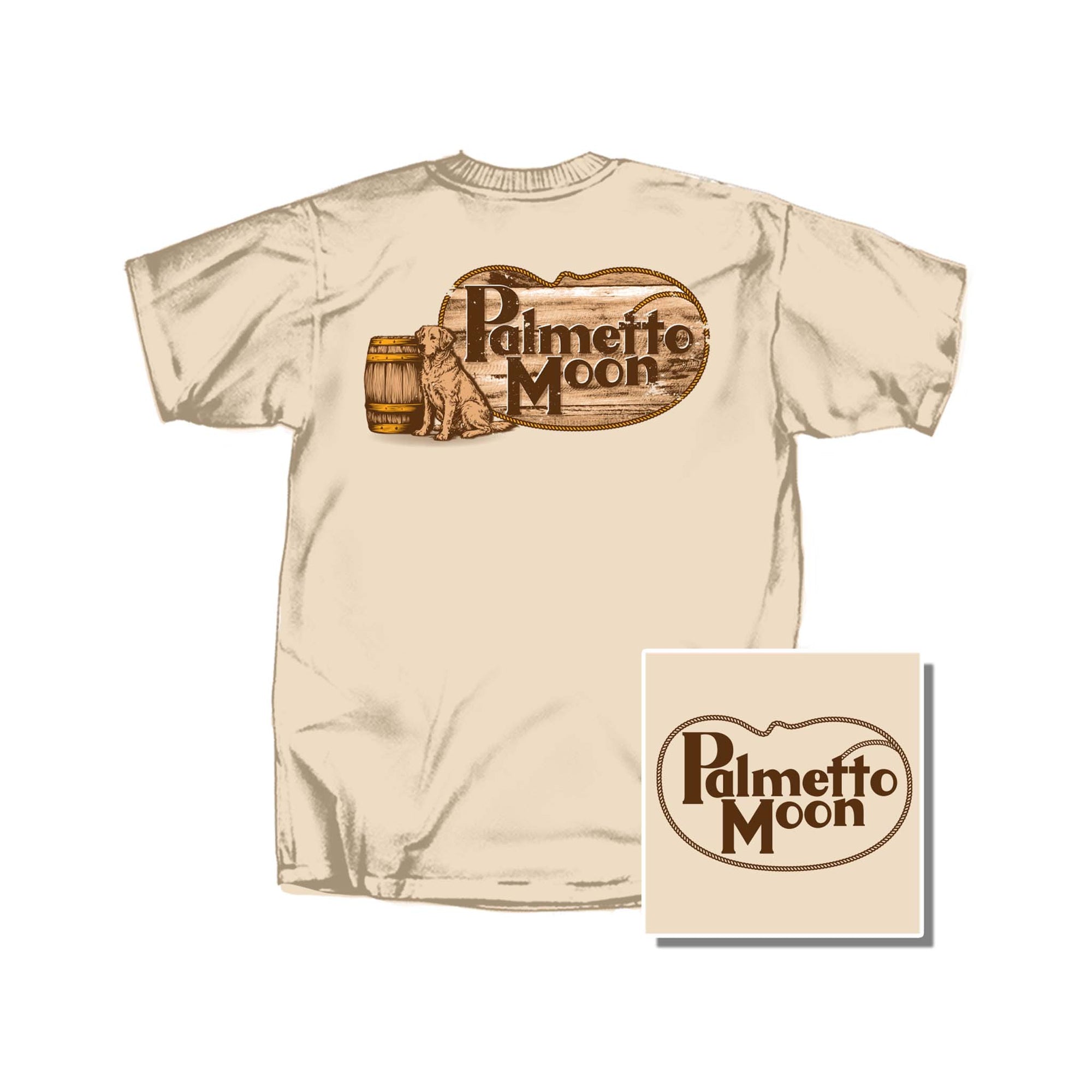 Beige t-shirt with 'Palmetto Moon' logo on a white background