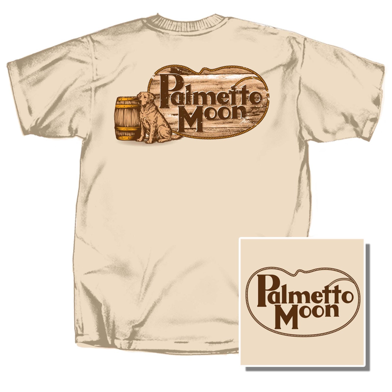 Beige t-shirt with 'Palmetto Moon' logo featuring a dog and barrel design on a white background.