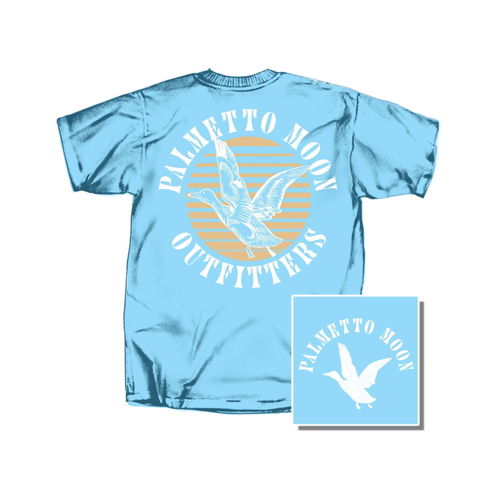 Light blue t-shirt with 'Palmetto Moon Outfitters' logo on a white background