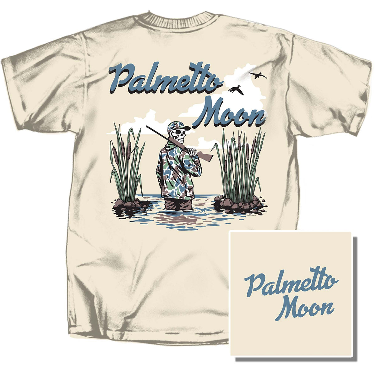 Beige t-shirt with back graphic of a skeleton wearing a camo shirt and standing in a marsh.
