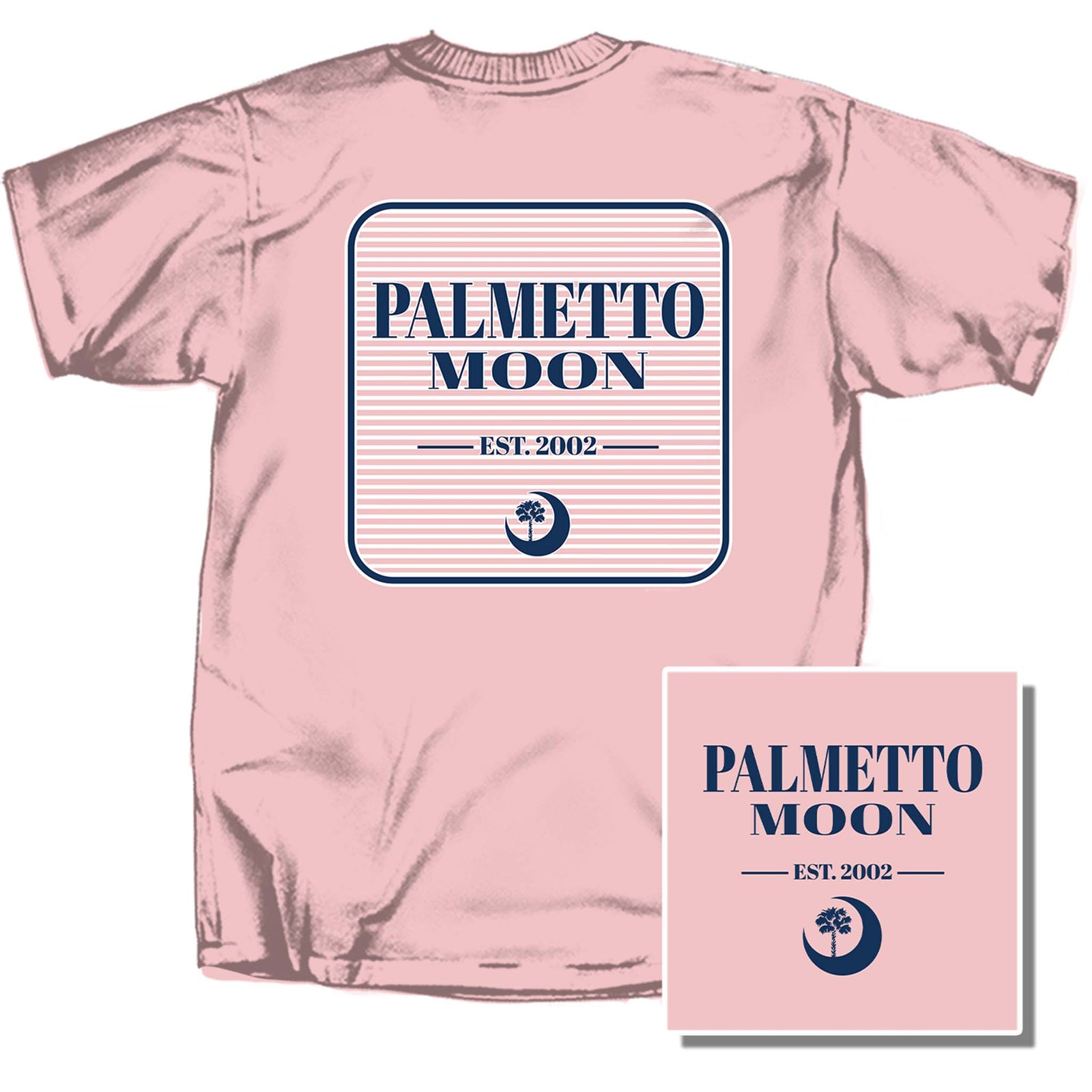 Pink t-shirt with 'Palmetto Moon' logo and text on a white background